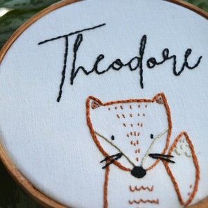 Hand Embroidered Name Hoop, Fox Embroidery, Baby Announcement Prop, Woodland Animal, Birth Announcement Sign, Baby Name Announcement image 5