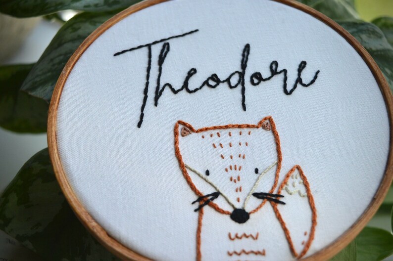 Hand Embroidered Name Hoop, Fox Embroidery, Baby Announcement Prop, Woodland Animal, Birth Announcement Sign, Baby Name Announcement image 5