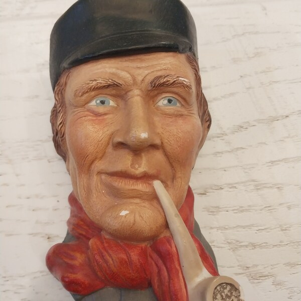 Vintage Chalkware head, man with pipe, red scarf, black hat