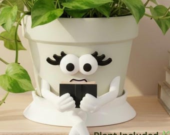 Cute Face Planter with Plant Included & Drainage - Reading Book Planter – Bookworm Gift  - Library Decor - Pot Girl “Just One More Chapter”