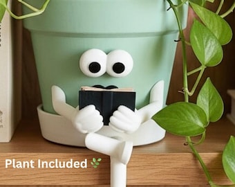 Reading Face Planter with Plant Included & Drainage - Desk Planter – Book Lover Gift – Funny Indoor Planter – Pot Guy “Just One More Chapter