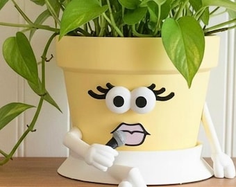 Cute Face Planter with Plant Included & Drainage - Singing Girl Planter – Musician Gift  – Music Decor  - Vocalist Gift – Pot Girl “Sing It”