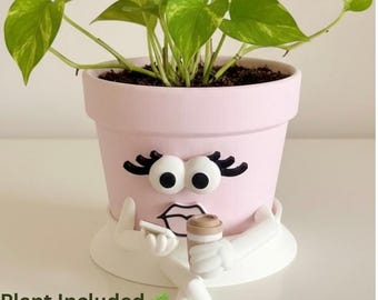 Cute Face Planter with Plant Included & Drainage  - Coffee Planter — Coffee Shop Decor - Houseplant Planter Home Decor – Pot Girl “One Sec”