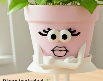 Cute Face Planter with Plant Included & Drainage- Fun Planter – Business Gift -  Plant Lover Gift — Pot for Houseplants  – Pot Girl “Try Me”