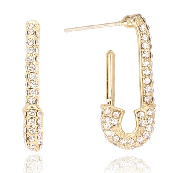 Boucles d'oreilles Diamond Safety Pin 18K Gold Plated Cubic Zirconia Stones, Pave Gold Safety Pin Boucles d'oreilles, Boucles d'oreilles géométriques modernes, Cadeau pour elle