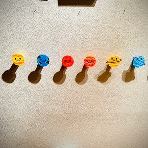 May include: Eight colourful planet decorations with smiling faces, each attached to a brown stem. The planets include Mercury, Venus, Earth, Mars, Jupiter, Saturn, Uranus, and Neptune. The decorations are mounted on a textured wall.