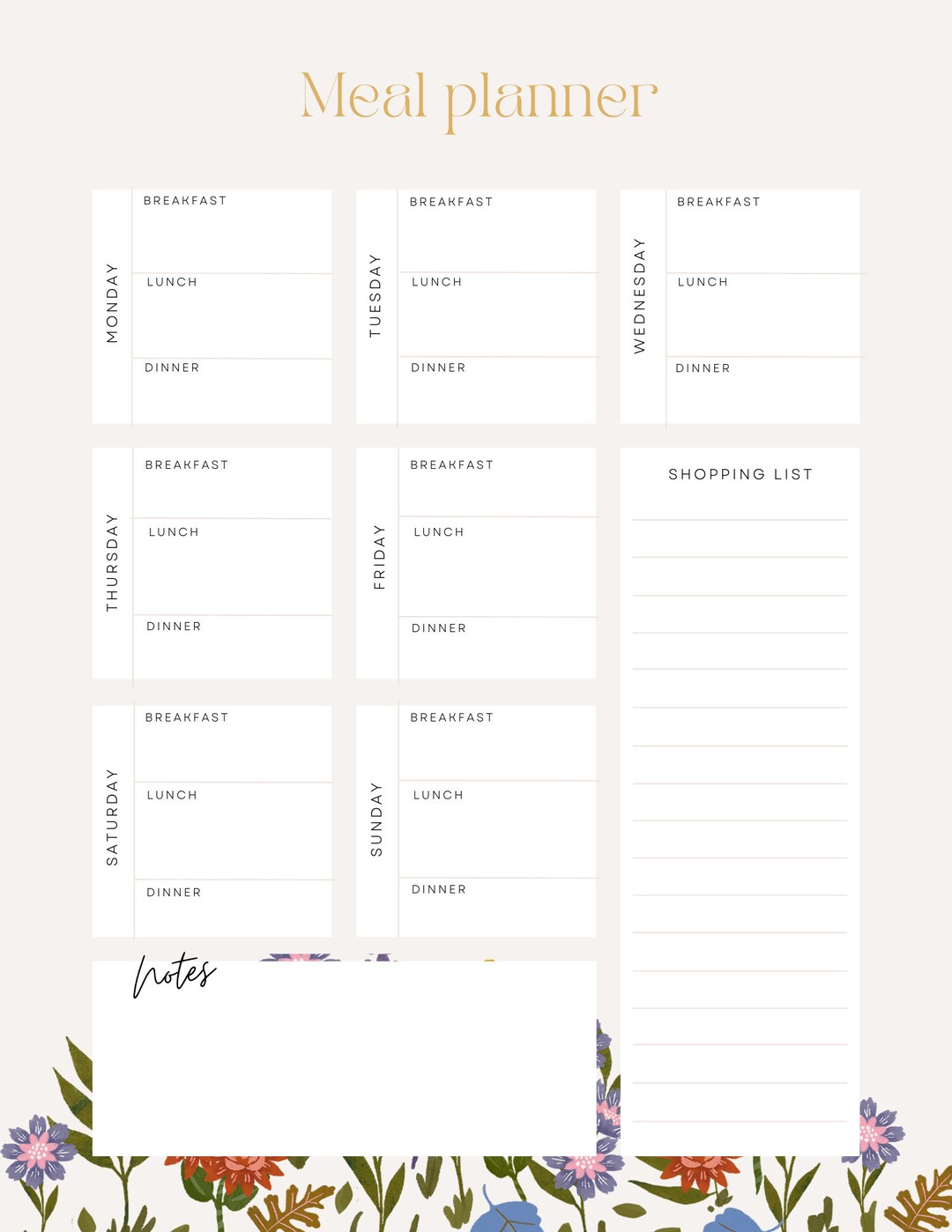 Printable Floral Meal Planner PDF | Digital Weekly Meal Organizer With ...