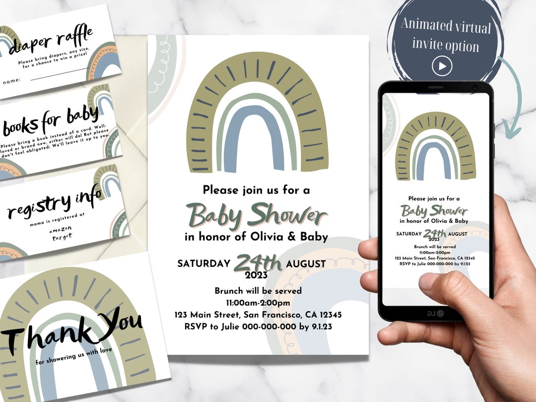 Blue Rainbow Baby Shower Invite Template Suite, Video Invitation, Boho