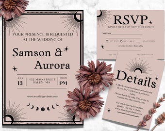 May include: A blush pink wedding invitation with black text and a celestial design. The invitation reads "Your presence is requested at the wedding of Samson & Aurora" with the date and time of the wedding. The RSVP card is also blush pink with black text and a celestial design. The RSVP card reads "RSVP+ Kindly reply by September 25th".