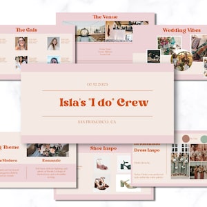 May include: A wedding planning presentation with a pink background and orange text. The presentation includes information about the wedding venue, the wedding theme, the wedding party, and the wedding dress code. The text includes the date "07.12.2025", the bride's name "Isla", and the location "SAN FRANCISCO, CA".