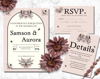 May include: A pink wedding invitation with black text and illustrations. The invitation features a whimsical design with a heart, moon, and eye motif. The text reads "Your presence is requested at the wedding of Samson & Aurora" with the date, time, and location. The RSVP card features a similar design and asks guests to reply by September 25th. The details card provides information about the wedding venue and accommodation.