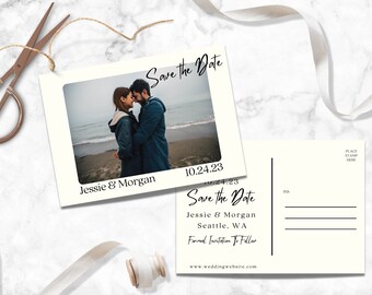 May include: Save the Date postcard featuring a photograph of a couple embracing on a beach. The text reads "Save the Date" with the date "10.24.23" and the names "Jessie & Morgan". The reverse of the postcard includes the text "Save the Date", the names "Jessie & Morgan", the location "Seattle, WA", and the phrase "Formal Invitation To Follow". The website address "www.weddingwebsite.com" is also included.