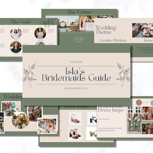 May include: A guide for bridesmaids with a green and beige colour scheme. The guide includes information about the wedding theme, venue, dress inspiration, and shoe inspiration. The text on the guide says "Isla's Bridesmaids Guide" and "07.12.2025".