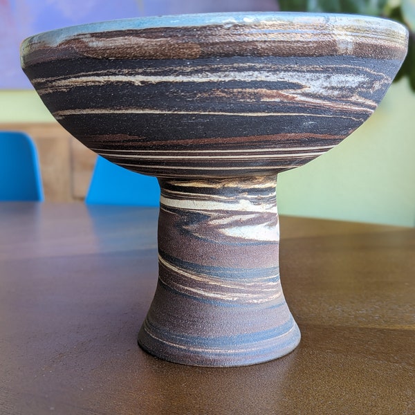 Marbled Pedestal Bowl with Stunning Speckled Blue Interior