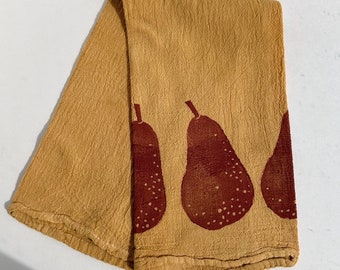 Block Printed Red Pear on Gold Pattern Cotton Tea Towel 29”x29”