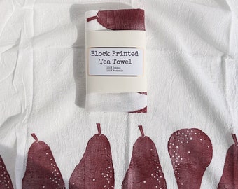 Block Printed Red Pear Pattern Cotton Tea Towel 29”x29”