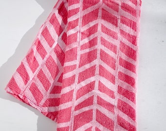 Block Printed Chalk White and Coral Herringbone Pattern Cotton Tea Towel 29”x29”