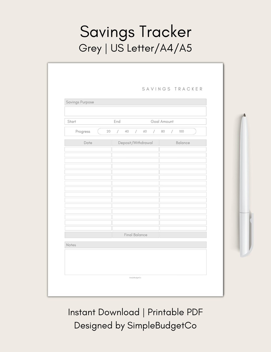 Printable Savings Tracker Savings Goal Template Emergency Sinking Savings Fund Minimalist Design ...