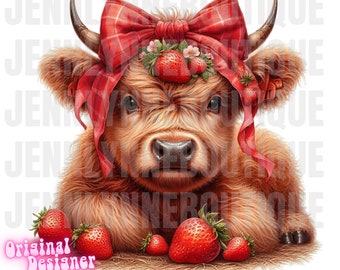 Highland Cow met aardbeien PNG, aardbei, rode strik, boerderijdier, gevoel Berry Good, sublimatie, voor DTF, retro zomer, festival, tijdperk