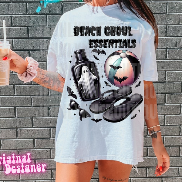 Beach Ghoul Essentials PNG, Goth, Wears Black, Ghost, Hot Ghoul Summer,Spooky Bats, Gothic Shirt Design Let's Go Ghouls Sublimation, for DTF