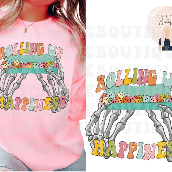 DTF & Sublimation Transfers, Rolling Up Happiness Transfer, Skeleton Hands, Smiley Faces Retro Design, Colorful, Smile Mental Health Matters