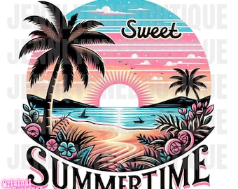 Sweet Summertime PNG, Vacation Designs, Girls Trip, Ocean, Palm Tree, Sunset, Sunshine, Beach, Pastel, Summer Vibes, Lake Days, Sublimation