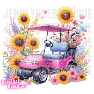 Golfwagen PNG, Warenkorb Mädchen, Golf spielen, Golfschläger, Wildblumen, Sonnenblumen, rosa Herz, Floral, Vier, Golfer, Golftasche, Shirt Designs