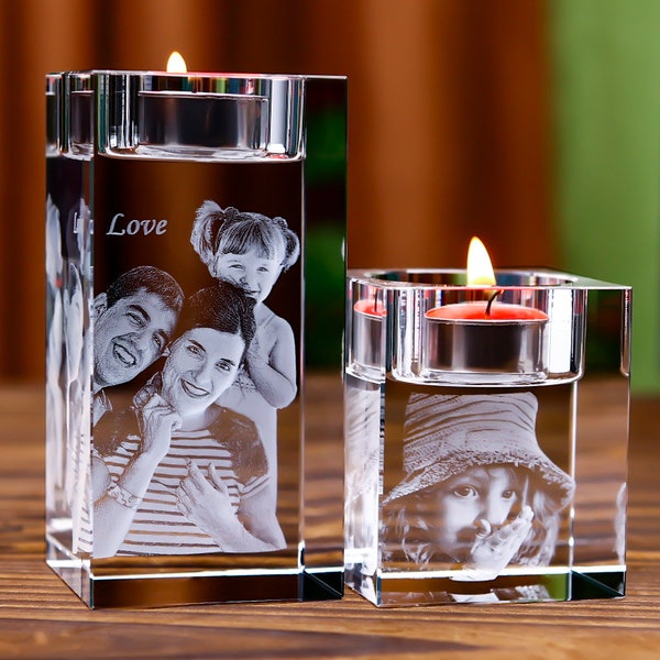 Custom Personalized  3D Laser Engraved Photo Picture K9 Crystal  Candle Holder Stand