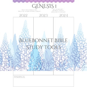 May include: A printable Bible study guide with a bluebonnet flower design. The guide includes sections for key vocabulary, historical context, and application to your life. The title of the guide is "Genesis I" and the year is 2022.