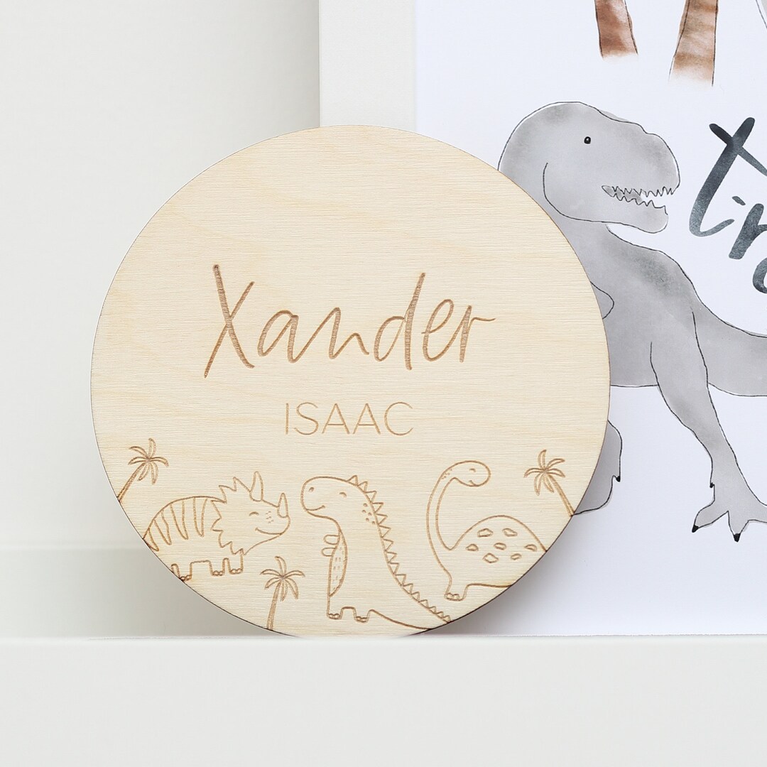Dinosaur Themed Personalised Disc | Baby Announcement Plaque | Wooden ...