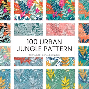 May include: A collage of 12 different jungle leaf patterns in various colors, including green, blue, yellow, pink, and orange. The text "100 URBAN JUNGLE PATTERN" is in the center of the image, with the words "PRINTABLES | DIGITAL DOWNLOAD" below it.