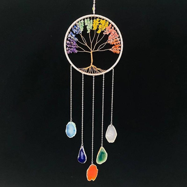 Big Chakra Gemstone Crystal Tree Of Life Dreamcatcher dreams home decor crystals handmade agate slice amethyst aventurine citrine Carnelian