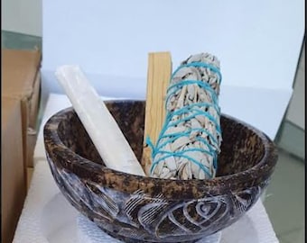 Tazón de mancha de esteatita l Tazón de ofrenda l Oración l Decoración - Diseño de flores l Tallado a mano l Salvia l Palo Santo l Palo de selenita