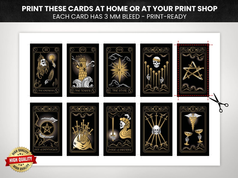 Printable Tarot, Digital Print, Tarot Card Deck, Digital Oracle Cards, Golden Skull Tarot ...