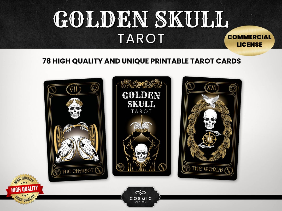 Printable Tarot, Digital Print, Tarot Card Deck, Digital Oracle Cards, Golden Skull Tarot ...