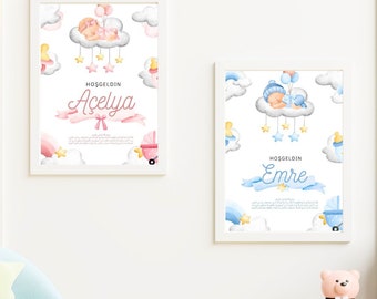 Personalisiertes Babygeschenk mit Namen und Rahmen | Geschenk zur Geburt |Junge | Mädchen | Wanddekoration | Bebek mevlüdü | Ayetel Kursi