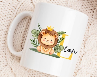 Safari Kinder Tasse mit Buchstabe und Wunschname | Personalisiertes Geschenk | Monogram| Kaffeetasse | Tee | Wunschtext | Baby Animal