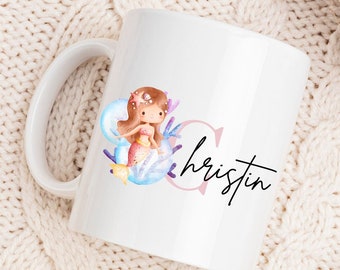Tasse mit Buchstabe und Wunschname | Personalisiertes Geschenk | Monogram | Meerjungsfrau| Kaffeetasse | Tee | Wunschtext| Kinder Tasse