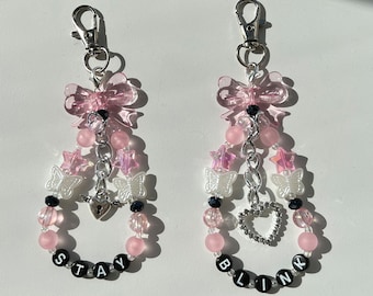 Custom Pink Kpop Keychain/ Phone Charm with black Letter Beads