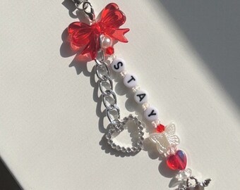 Personalized Kpop Charm, Red Bow, Beaded Keychain, Lanyard