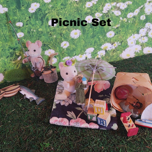 Picnic activity set, fishing, food, toys, umbrella, repurposed interactive handmade toy.