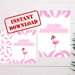 Carte anniversaire à imprimer, voeux, cadeau, téléchargement numérique, imprimer à la maison, flamand rose, impression recto verso