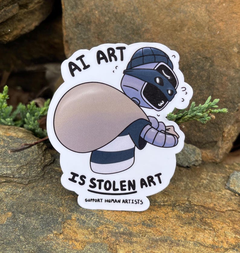 A sticker of a robot holding a bag over his shoulder.