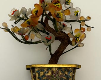 vintage mid century cloisonné jewel bonsai cherry blossom tree , nephrite & carnelain stones