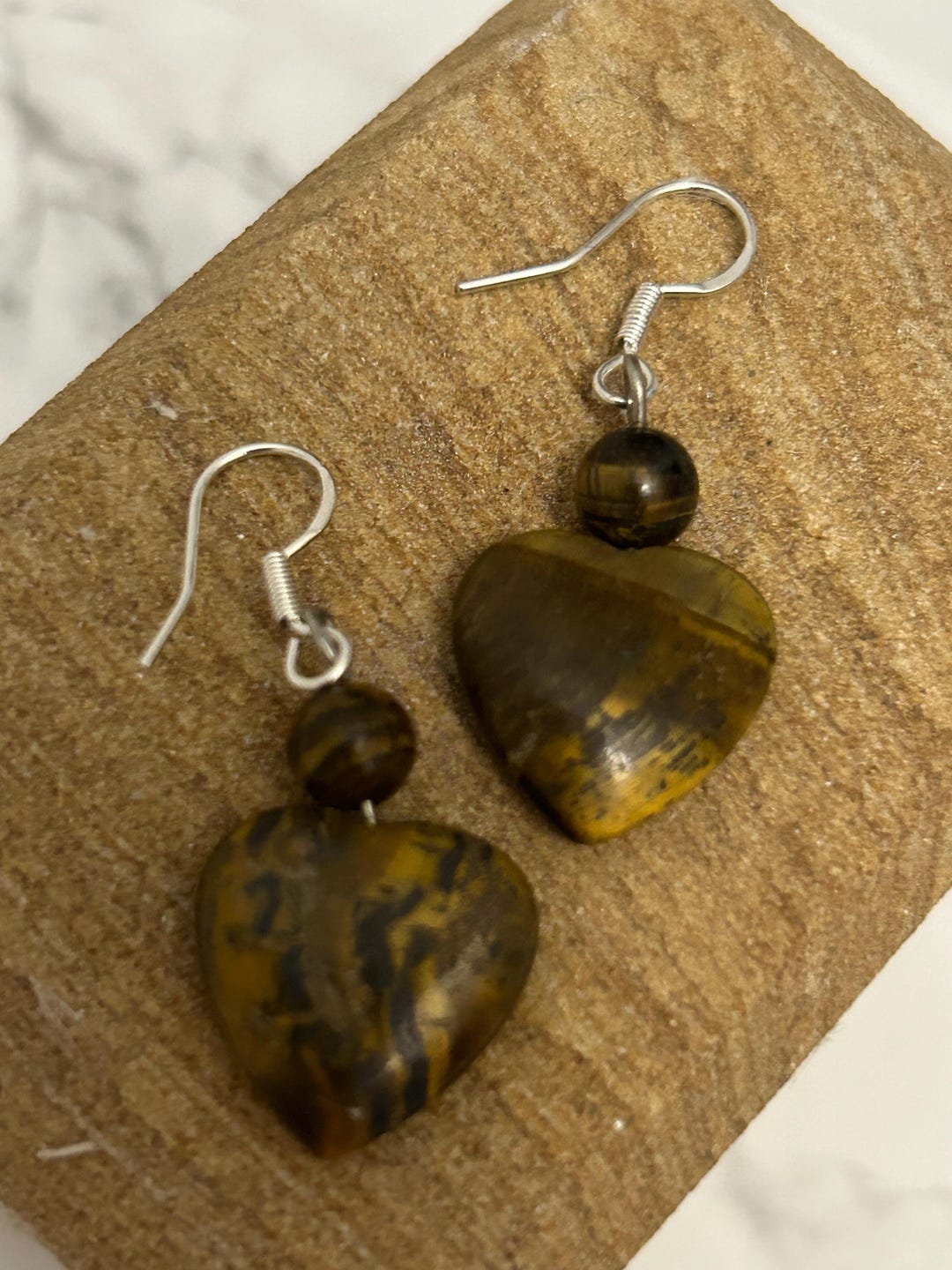 Boucles D'oreilles Pendantes En Argent 925 Avec Pierre œil De Tigre - Occasion Bon état