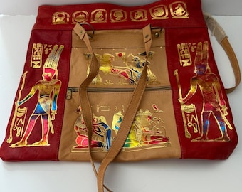 vintage Egyptian leather handbag red, gold & cream