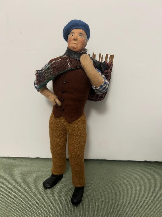 vintage christi character dolls hoddie, hod carrier man with ‘ bricks’and basket
