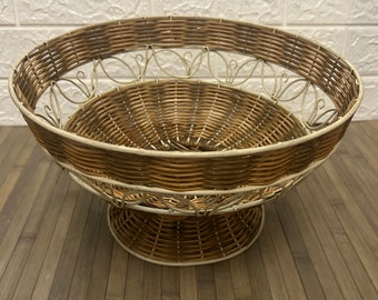 vintage metal and wicker fruit bowl, large