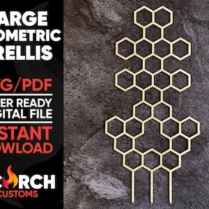 May include: A large geometric trellis design made of wood. The trellis is shaped like a honeycomb and has a rustic, natural look. The design is perfect for adding a touch of nature to any space.