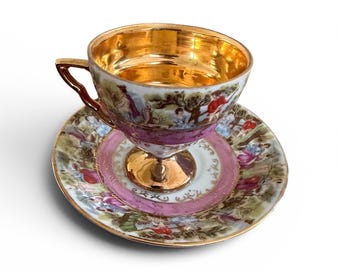 Royal Crown 2293 Blue Gold Tone Interrior Cup & Saucer Set Courting Couple Scene. Free shipping
